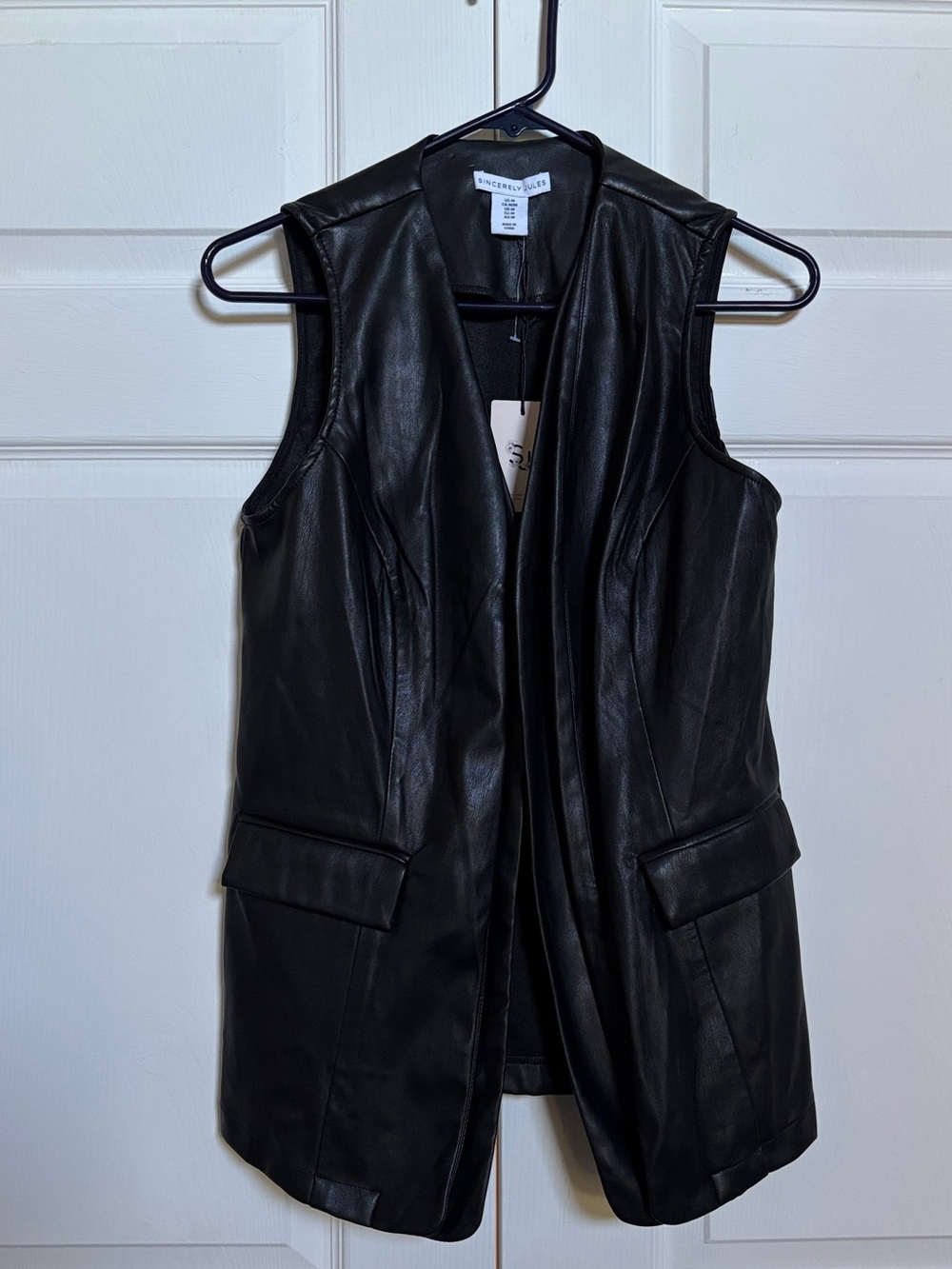 Sincerely Jules Womens Black Longline Faux Leather Open Front Vest Size M NWT
